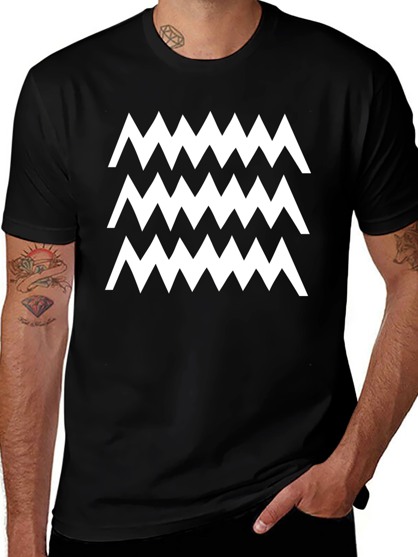 Zigzag Pattern Black Cotton T-Shirt
