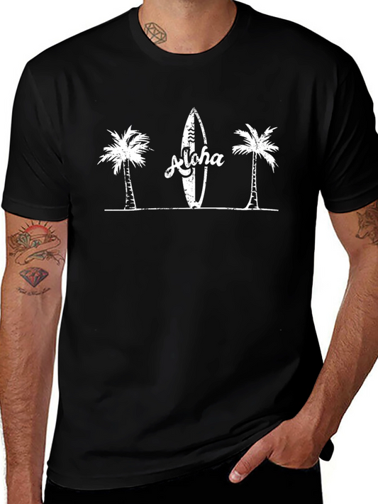 Aloha Palm Tree Surfboard Graphic Tee - Black