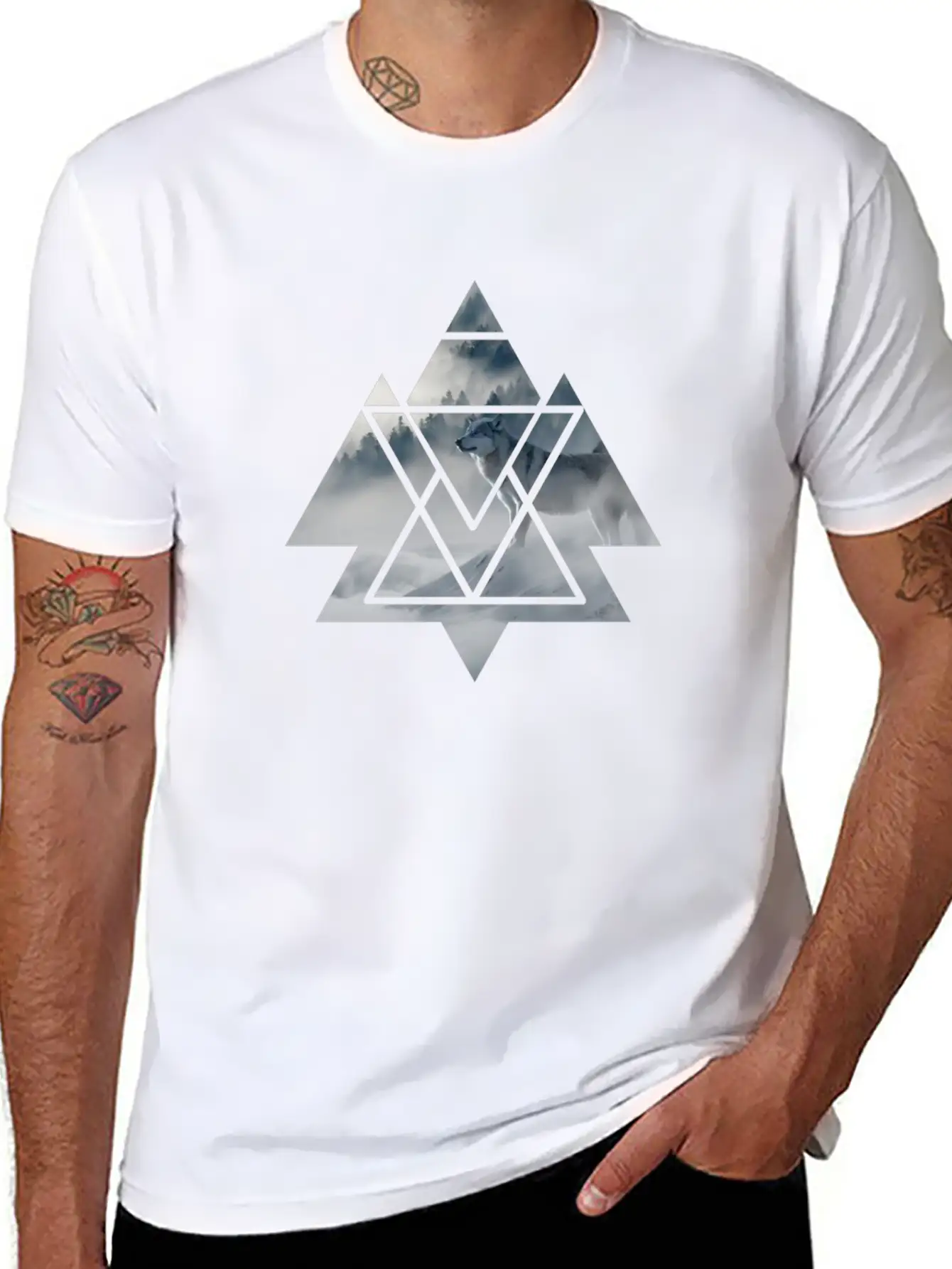Wolf Geometry Triangle Ice World Winter Casual Graphic T-Shirt – Simple And Comfortable Daily Wear